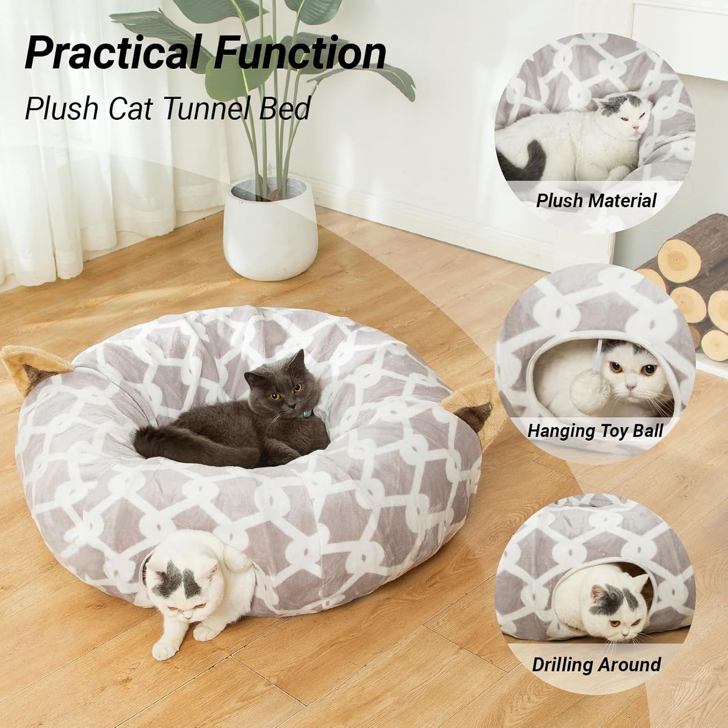 Cat Dog Tunnel Bed with Cushion Tube Toys Oxford Cloth Large Diameter Longer Crinkle Collapsible 3 Way for Large Cats Kittens Kitty Small Puppy Outdoor 3FT