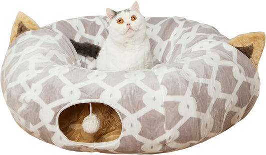 Cat Dog Tunnel Bed with Cushion Tube Toys Oxford Cloth Large Diameter Longer Crinkle Collapsible 3 Way for Large Cats Kittens Kitty Small Puppy Outdoor 3FT