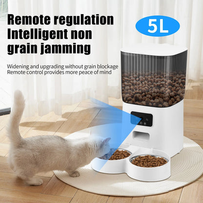 Automatic Pet Feeder with Camera for 2 Pets, 1080P Camera 5L Cat Feeder with 2 Stainless Steel Bowls, Two Way Talk, Remote APP Control Support 2.4G Wifi