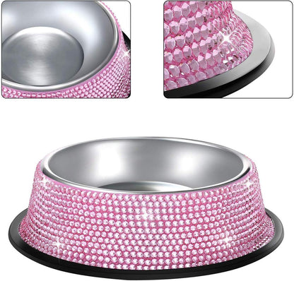 Bling Dog Bowls Pink, 640ML Handmade Bling Rhinestones Stainless Steel Pet Bowls Double Food Water Feeder for Puppy Cats Dogs - Set of 2