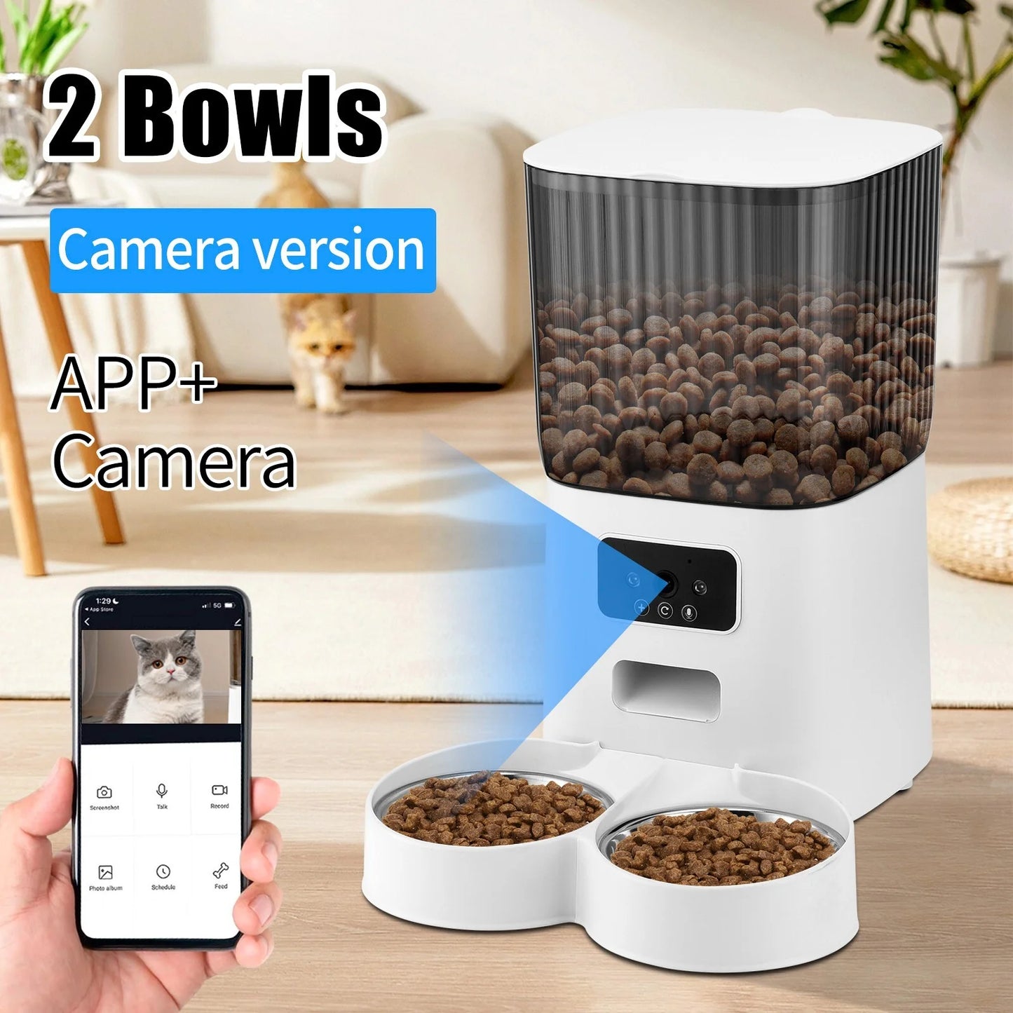 Automatic Pet Feeder with Camera for 2 Pets, 1080P Camera 5L Cat Feeder with 2 Stainless Steel Bowls, Two Way Talk, Remote APP Control Support 2.4G Wifi